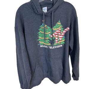 MTV Christmas Hoodie XL Port & Company Charcoal Gray Sweatshirt 90s Vtg Unisex